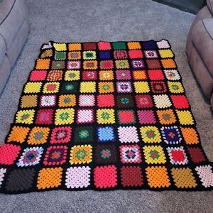 Vintage 80s Roseann Show Granny Square Afghan crochet Handmade Blanket